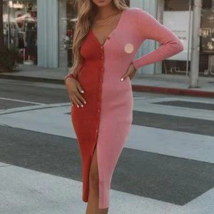 Vici Abril Colorblock Button Front Knit Midi Dress - Rust Pink